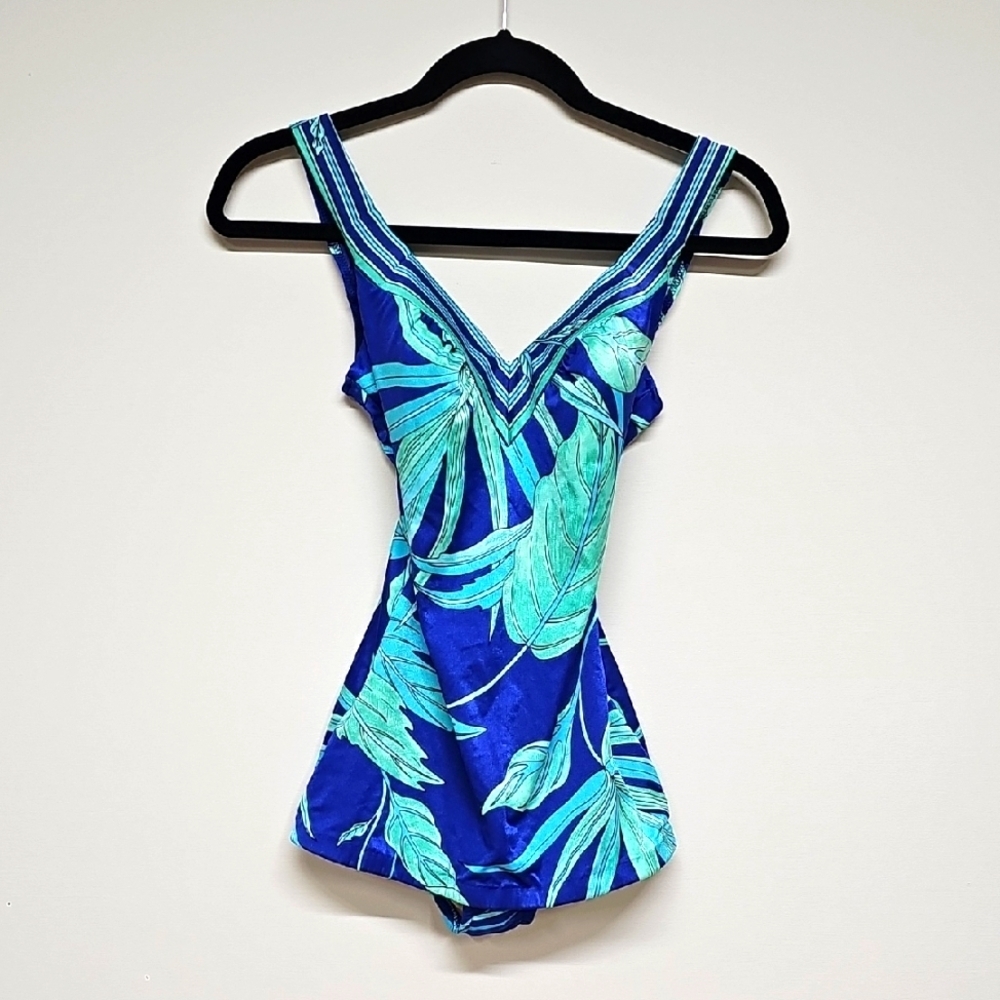 Vintage 70s SIRENA Blue and Turquois Palm Leaf Print Swimsuit Size 12